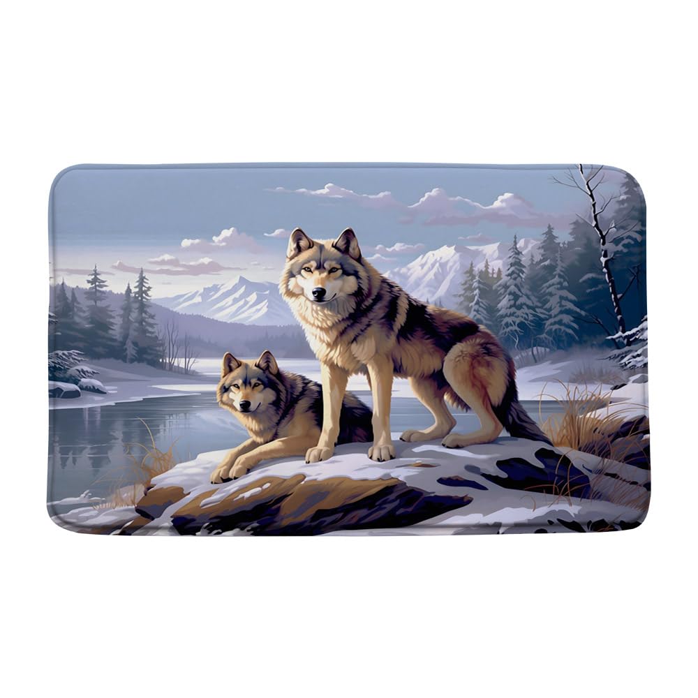 UOZXOML Wolf Bath Mat Winter Snowy Forest Mountain Wolf Family Print Pattern Sunset Watercolor Painting Art Bathroom Rug Microfiber Memory Foam Shower