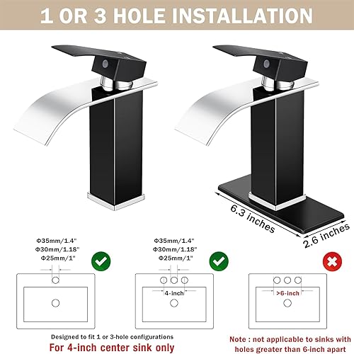 Miniatura 4 de Qomolangma Grifo de baño en cascada, negro y cromado, moderno, de una sola manija, para 1 o 3 agujeros, grifo mezclador de lavabo con cubierta y