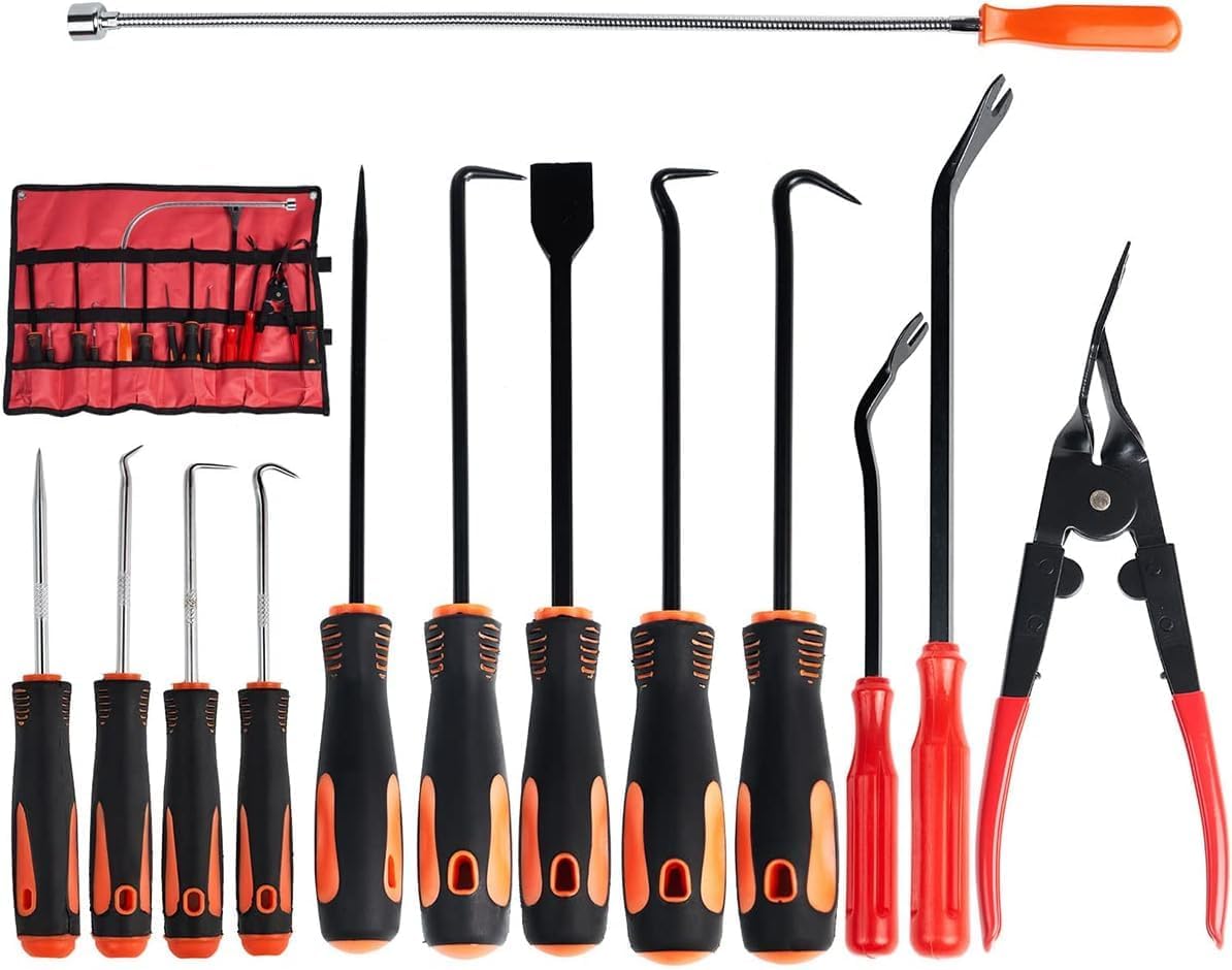 Hook and Pick Set with Case 13 Pcs - Clip Pliers & Fastener Remover, Gasket Scraper Tool, Magnetic Pick Up Tool, for Hose Removal Puller and Auto Upholstery Combo Repair Kit