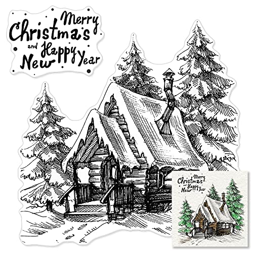 Christmas Tree Forest House Clear Stamps for Card Making and Photo Album Decorations, Merry Christmas Words Transparent Rubber Stamps Seal for DIY Scrapbooking