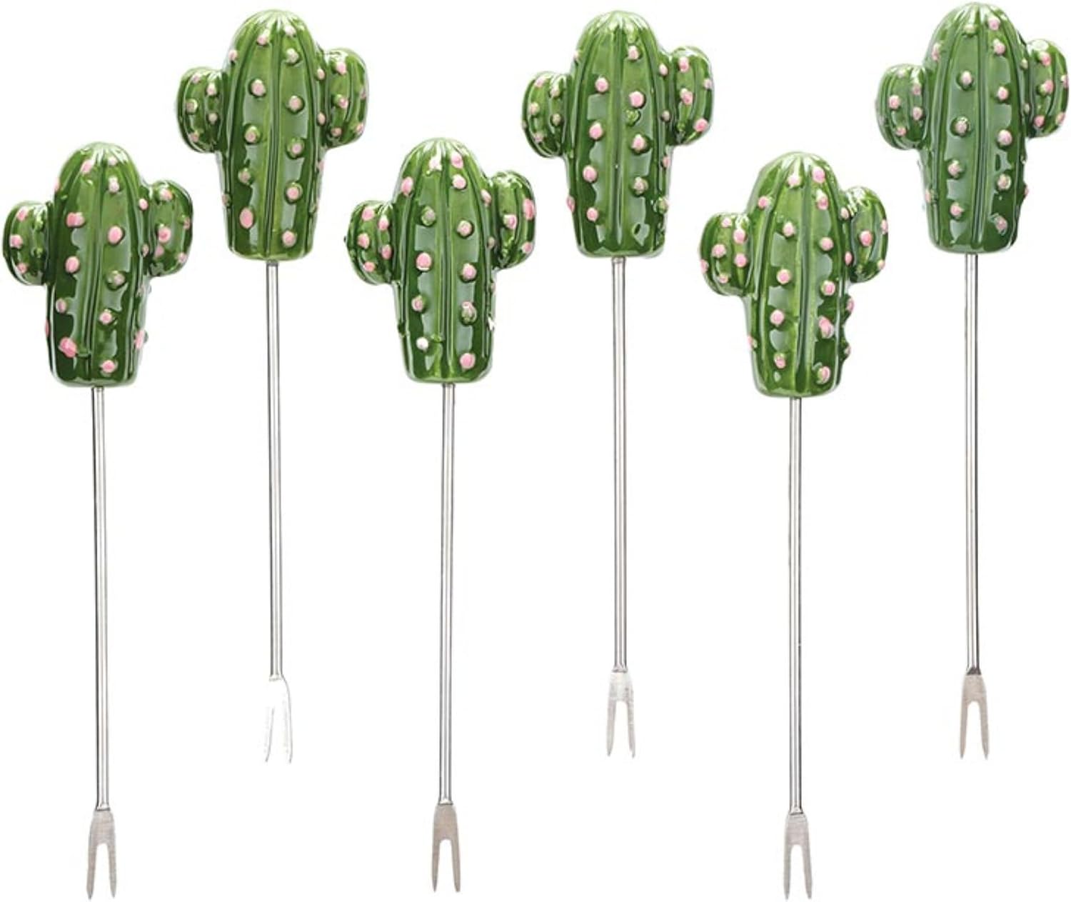 Slant Party Supplies - Appetizer Forks Ceramic Cactus Cocktail Picks with Holder, Set of 6, Green