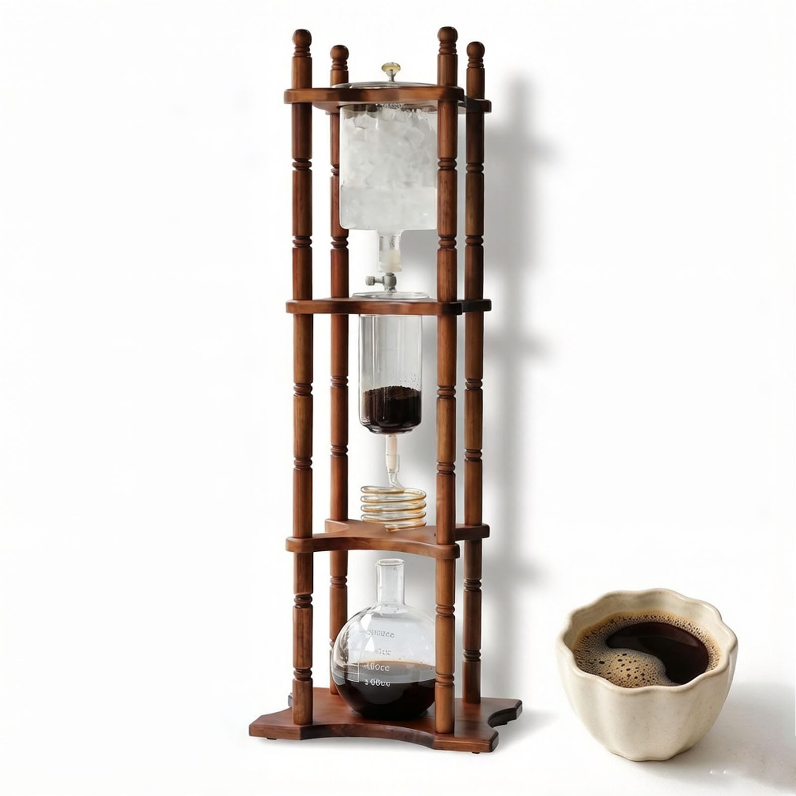 Cafetera De Goteo para Café Helado De 3000 Ml, Torre para Preparar Café Frío De 25 Tazas, Tasa De Goteo Ajustable, Filtro De Tela, Marco De Madera Maciza, para Amantes del Café Y El Té
