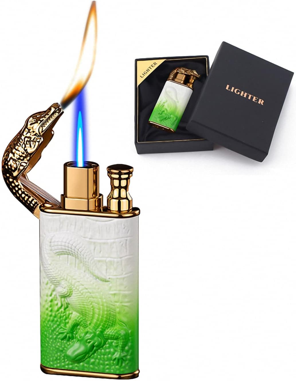 Magic Dual Flame Dragon Lighter, Butane Refillable Torch Lighter Double Flame Crocodile Lighter Switchable Windproof Jet & Soft Fire Cool Lighter Creative Gift for Men (Without Gas) (White-Green)
