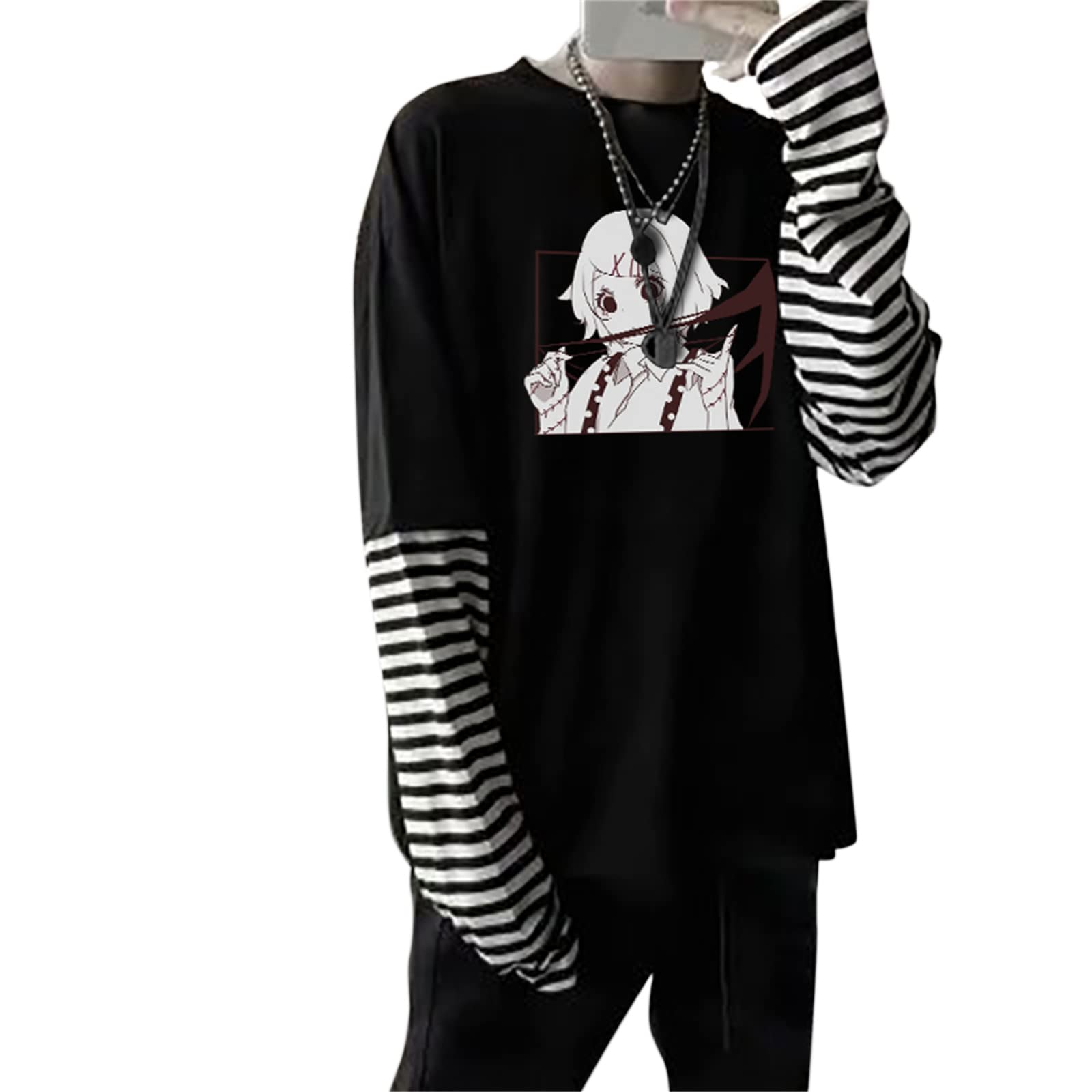 Tokyo Ghoul Anime Harajuku T-Shirt Cartoon Manga Juuzou Suzuya Graphic Oversized Unisex Stripe Fake Two Piece Long Sleeve T-Shirts