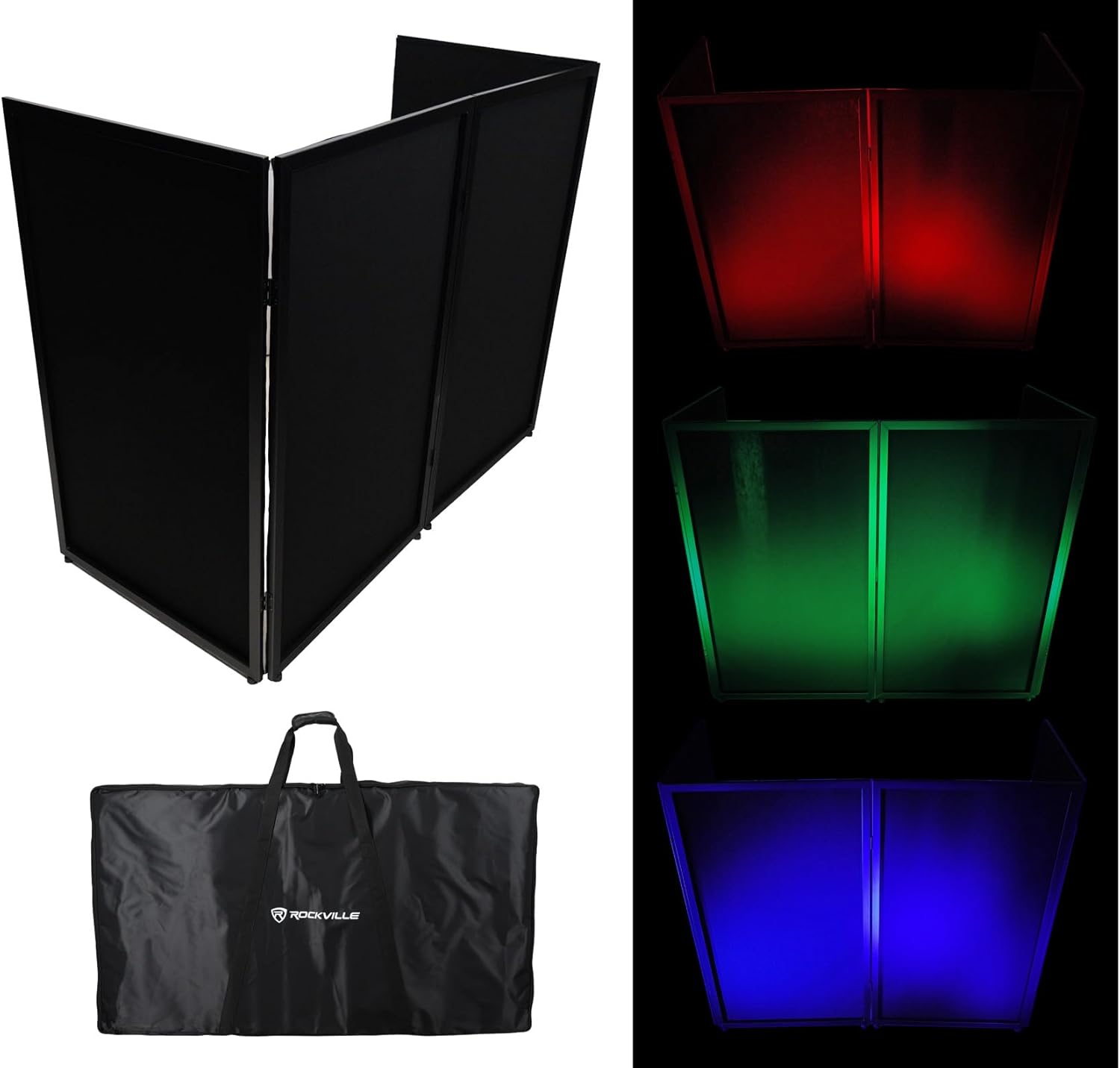 Rockville RFXLW 112in x 48in Portable DJ Facade, 4-Panel Steel Frame, White Lycra Scrims, Folds Flat into Carry Bag, Rubber Feet and Spikes