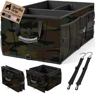 GORILLA GRIP Trunk Organizer for SUV and Cars, Large Capacity Collapsible Car Trunk Storage Organizer, Heavy Duty Car Accessories, Gifts for Mom and Dad, Slip & Water Resistant Multi Compartment, Camo