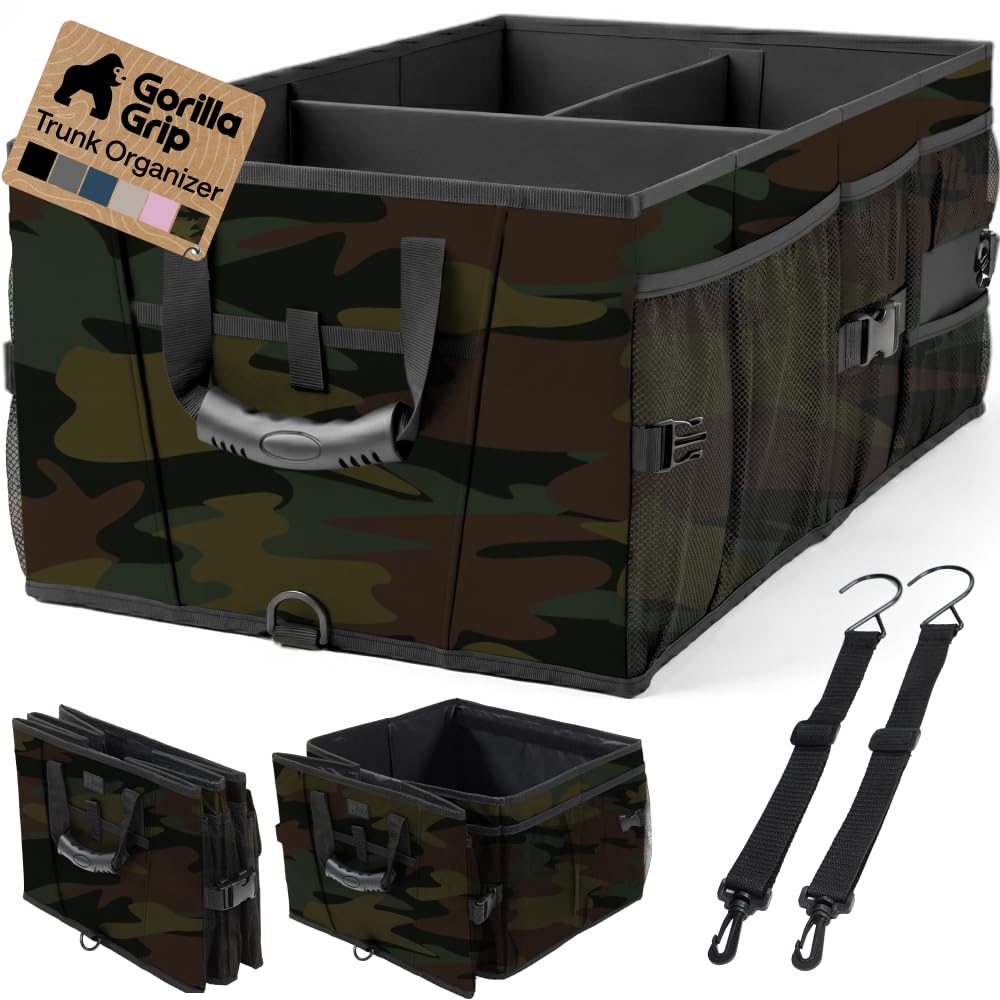 GORILLA GRIP Trunk Organizer for SUV and Cars, Large Capacity Collapsible Car Trunk Storage Organizer, Heavy Duty Car Accessories, Gifts for Mom and Dad, Slip & Water Resistant Multi Compartment, Camo