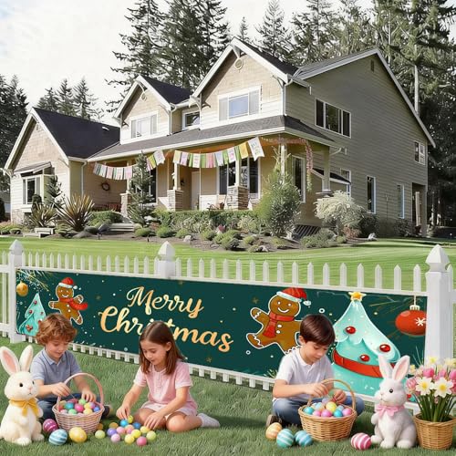Image of Gingerbread Christmas Banner 78.7 x 17.7 Inch Cute Cookie Character and Christmas Tree Design Holiday Decoration for Home Garden Fence Porch or Indoor Wall Display Scene