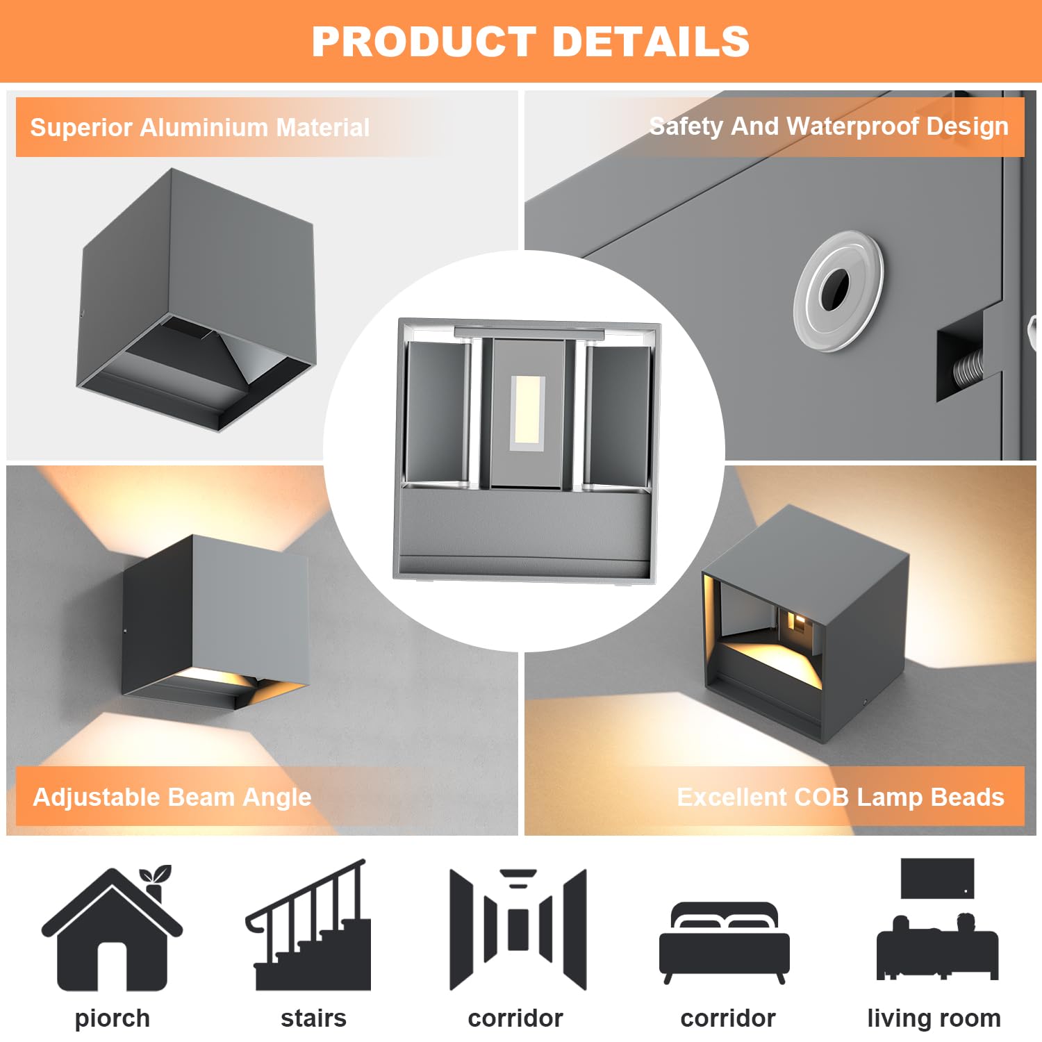 2 Pezzi Applique da Parete Esterno/Interno, 12W LED Lampada da Parete 3000K Bianco Caldo Angolo del Fascio Regolabile Applique Moderne in Alluminio IP65 Impermeabile - Grigio