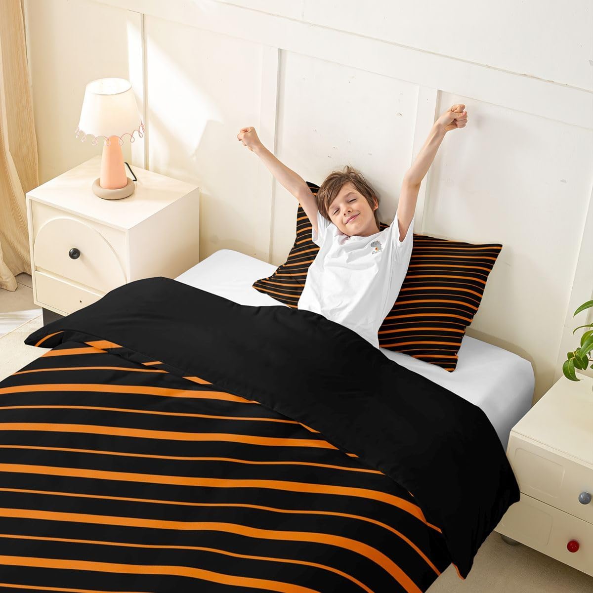 Castle Fairy Orange Stripes Duvet Cover Set Toddler Size,Geometric Stripe Lines Bedding Set 2pcs,Halloween Theme Quilt Cover with Zipper Closure,Kids Boys Girls Room Decor,1 Pillowcase,No Comforter