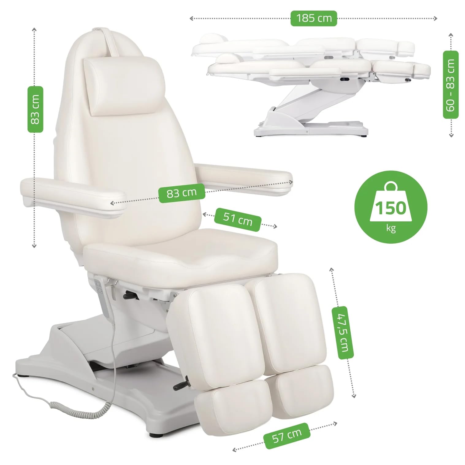 HABYS Elara PRO 6P Kosmetikliege Massageliege Kosmetiksessel Kosmetikstuhl | Höhenverstellbar Elektrisch | 185 x 57 cm | Weiß