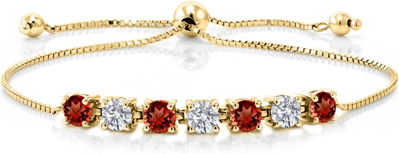 Gem Stone King 7-Stone Tennis Bracelet For Women | Gemstone Birthstone and White Lab Grown Diamond | 18K Yellow Gold Plated Silver | Round 4.5MM | Adjustable Bolo Bracelet For Women