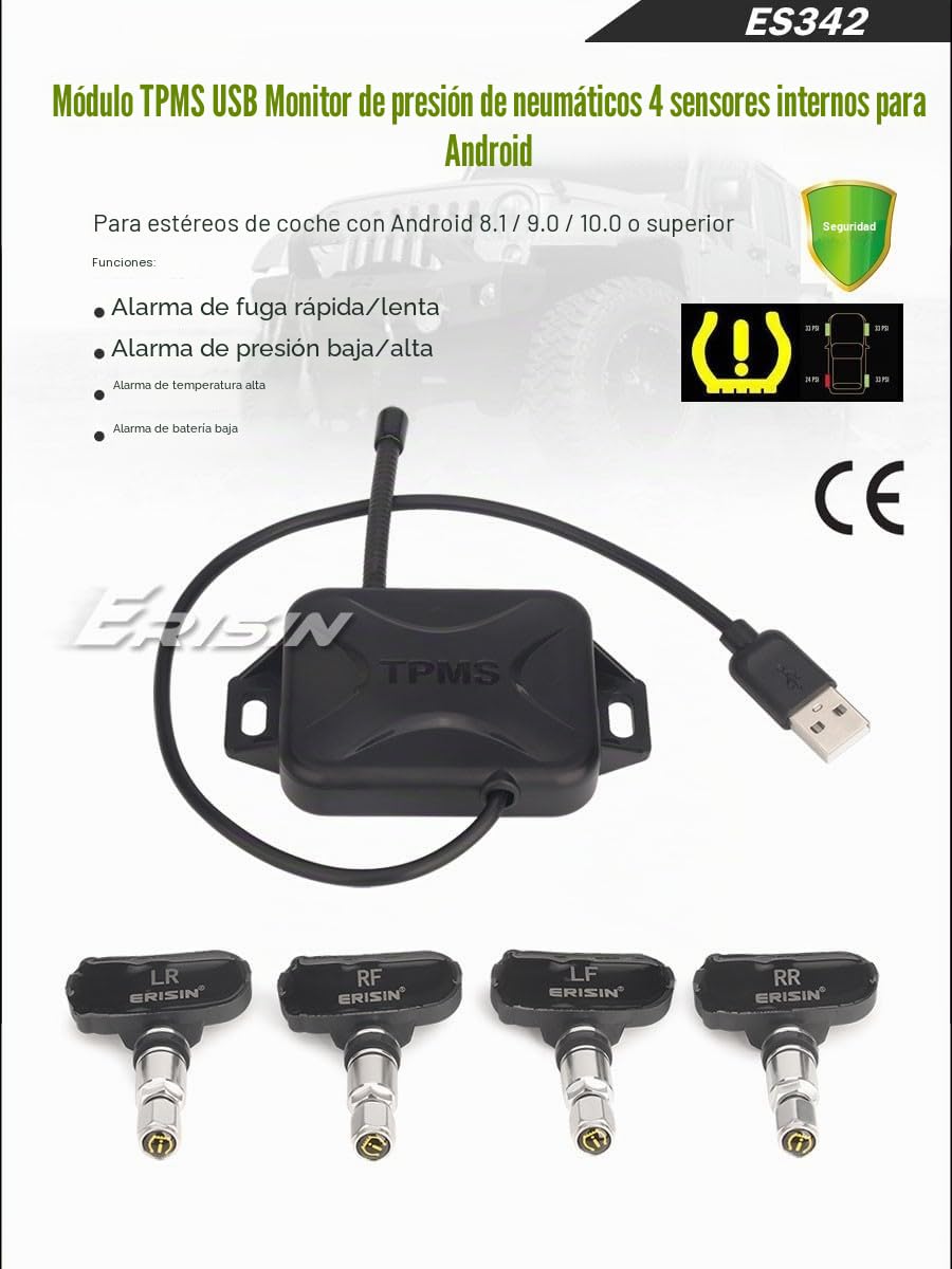 erisin TPMS Módulo de presión de neumáticos Adaptador de sensores internos Android 10 Pantalla y alarma de sonido Interfaz USB Play&Play