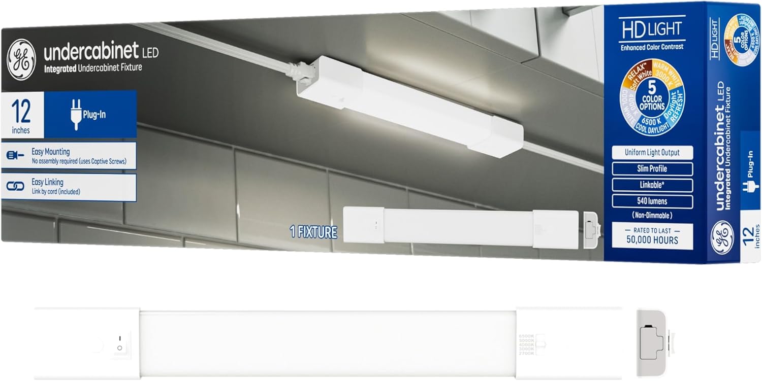 GE LED HD+ Undercabinet Light Fixture, Linkable Integrated Slim Profile Fixture for Kitchens, High Definition Light in 5 Color Temperatures, Plug-in, 12in (1 Pack) 12 Inches High Definition Light