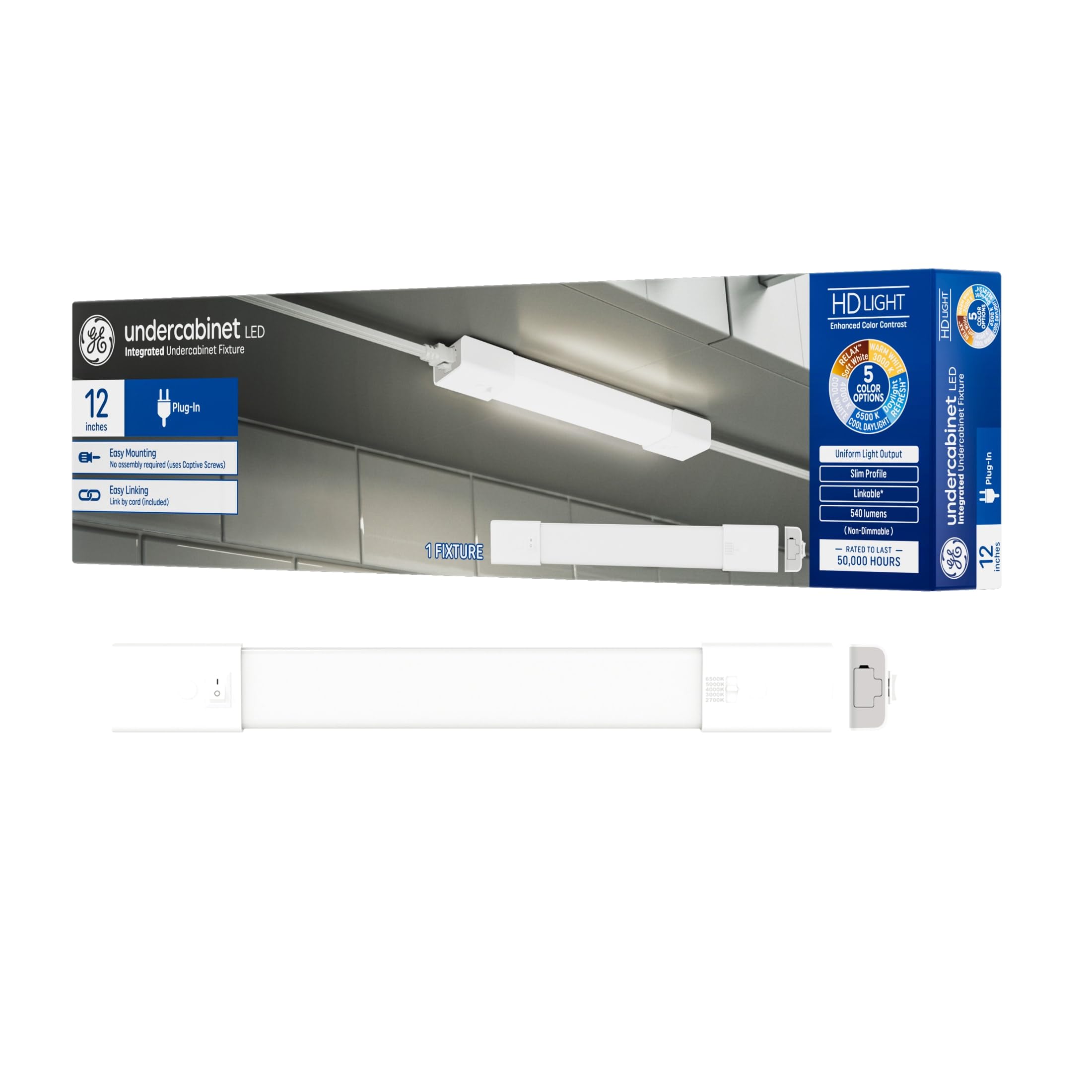 GE LED HD+ Undercabinet Light Fixture, Linkable Integrated Slim Profile Fixture for Kitchens, High Definition Light in 5 Color Temperatures, Plug-in, 12in (1 Pack)