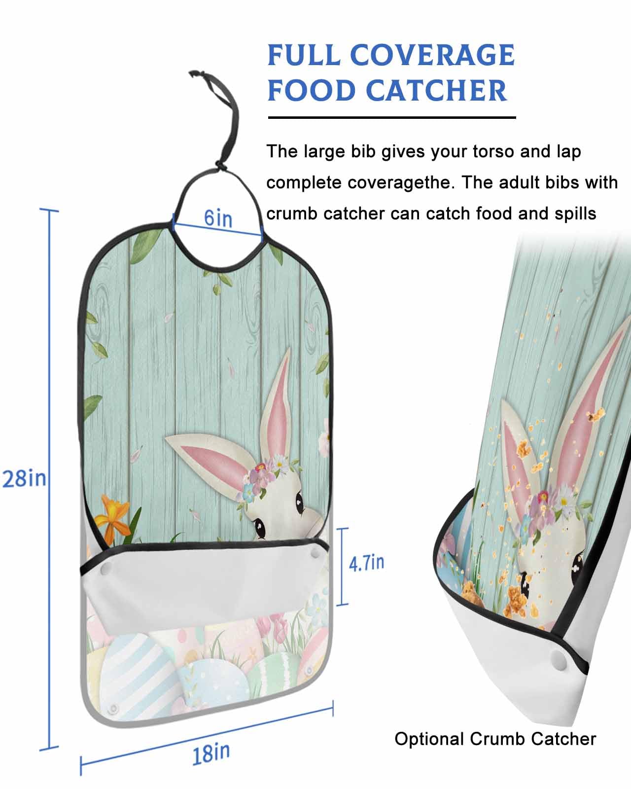 LEOKOTI Teal Easter Adult Bibs for Eating, Waterproof Bibs with Food Catcher & Adjustable Snap Closure, Spring Floral Colorful Eggs Botanical Wooden Washable Clothing Protectors Adult Bibs for Elderly