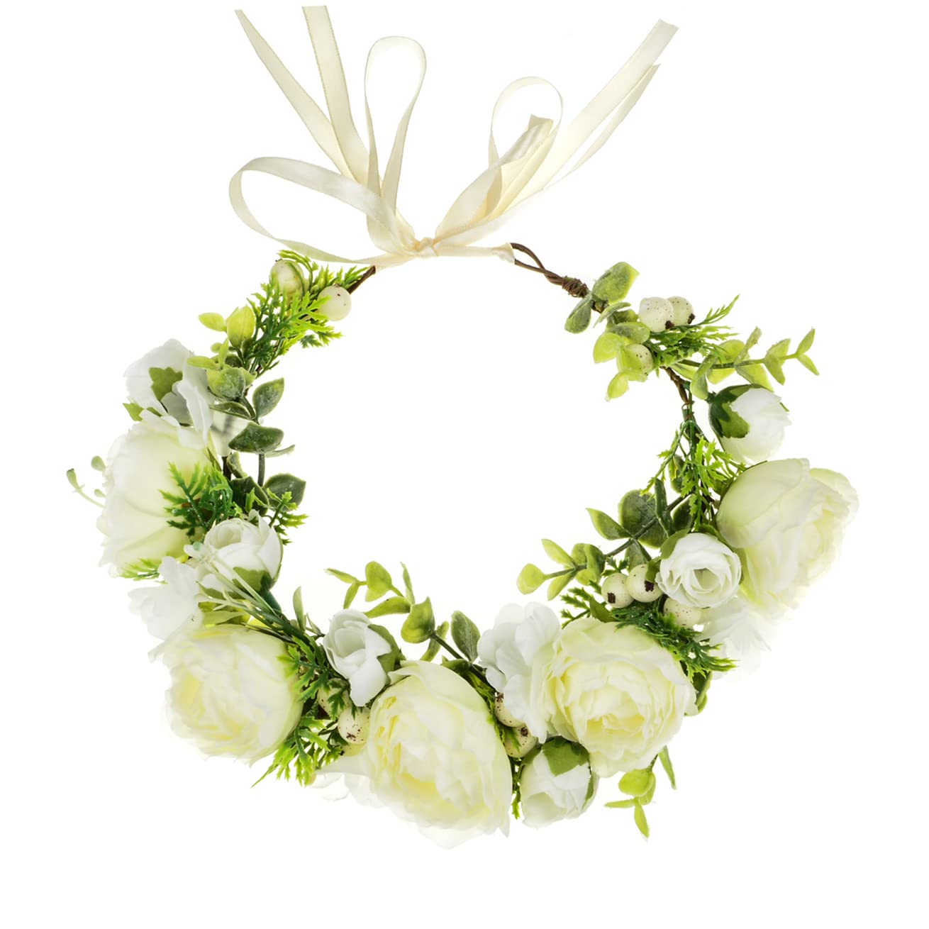 Merroyal Flower Girl Crown Bride Floral Crowns Maternity Bridesmaid Hair Wreath Wedding Photo Props (White and Green) - Image 2