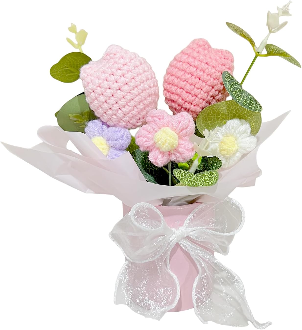 Crochet Pink Tulip Flower Bouquet, Small Handmade Desktop Decor Women Gifts