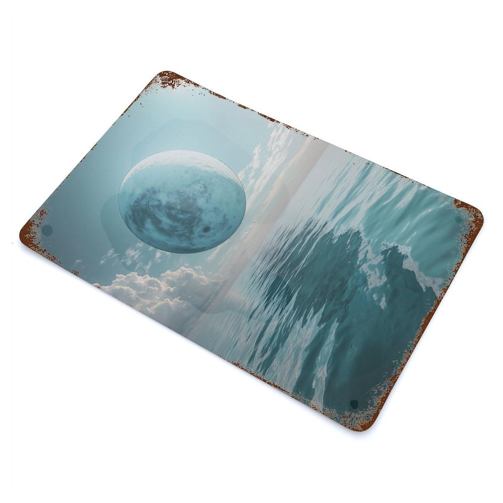 Giant Moon Over Ocean Rusty Metal Tin Sign 11.8"x7.9", for Basement, Hobby Room And Garage Decor, Retro Wall Decor