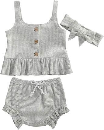 Newborn Infant Baby Girl Summer Clothes Knitted Suspender Dress Ruffle Tops+Shorts Pants Solid Outfits Set