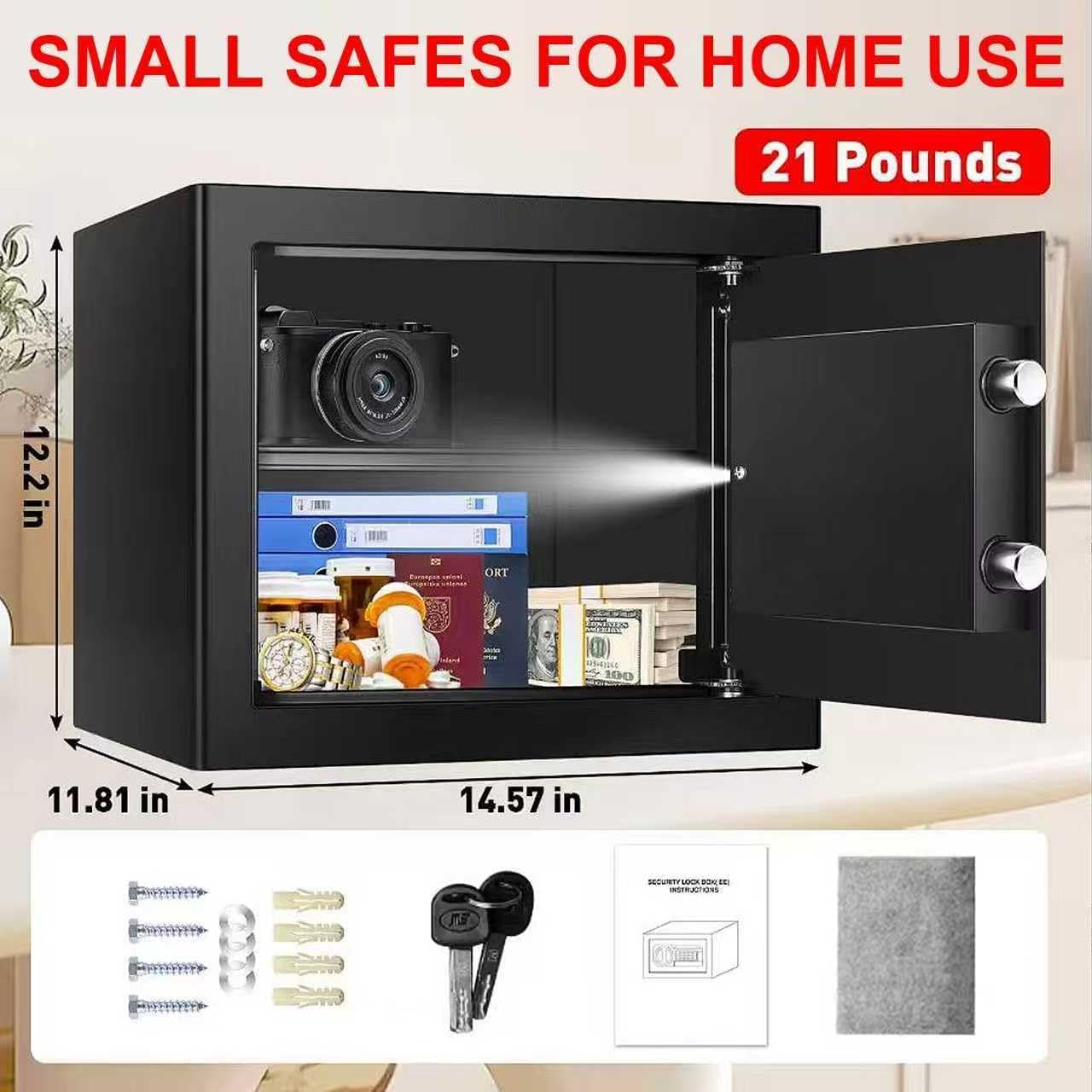 Cassaforte per la casa da 1,6 cubi, impermeabile con allarme antifurto, ripiano rimovibile, indicatore a LED con tastiera, cassaforte digitale antincendio per armi da fuoco, munizioni, contanti,