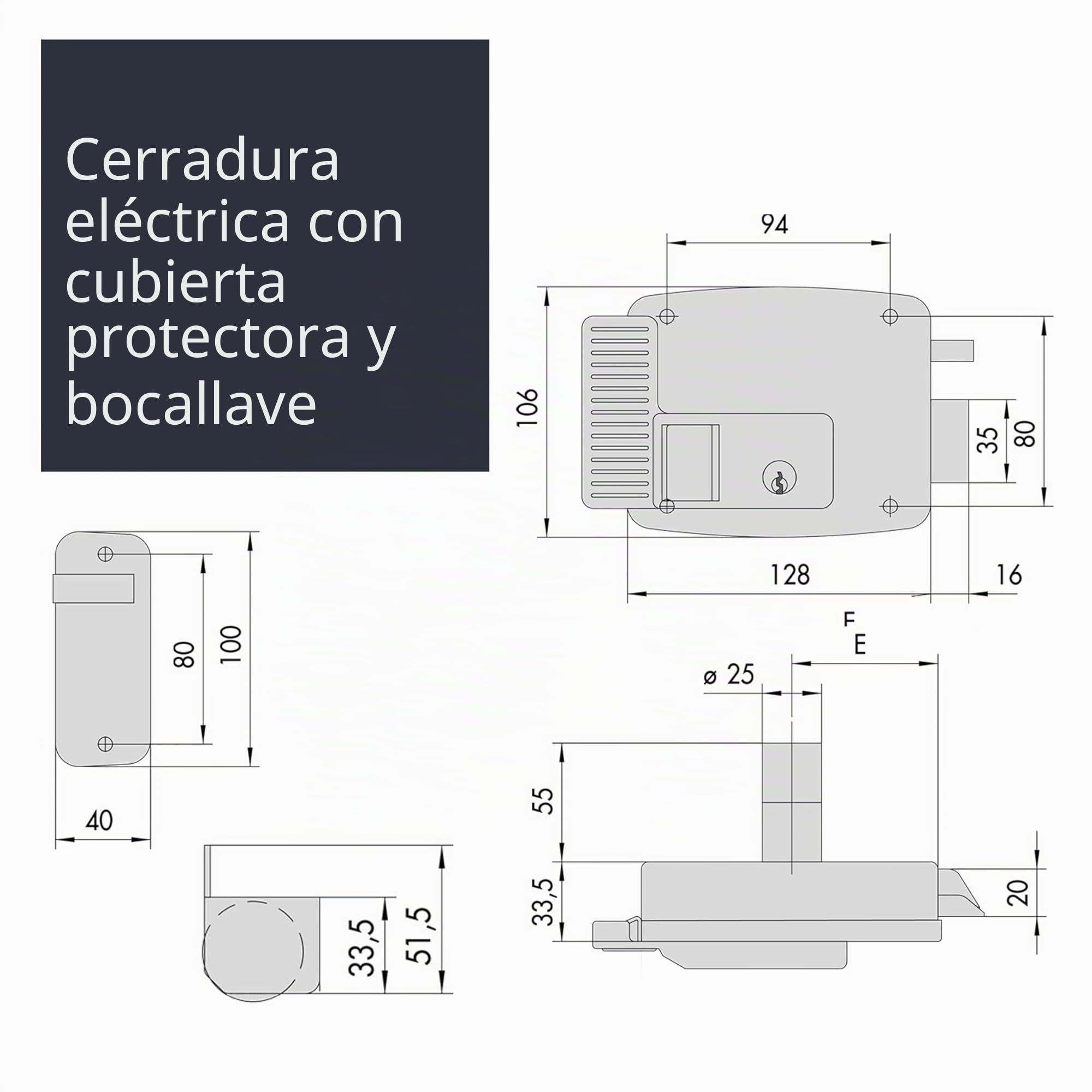 CISA - Cerradura eléctrica para aplicar 111731501 - Cerradura con cerrojo de mandas, techo protector y debajo de la boquilla - Entrada 50 con botón interno - mano derecha