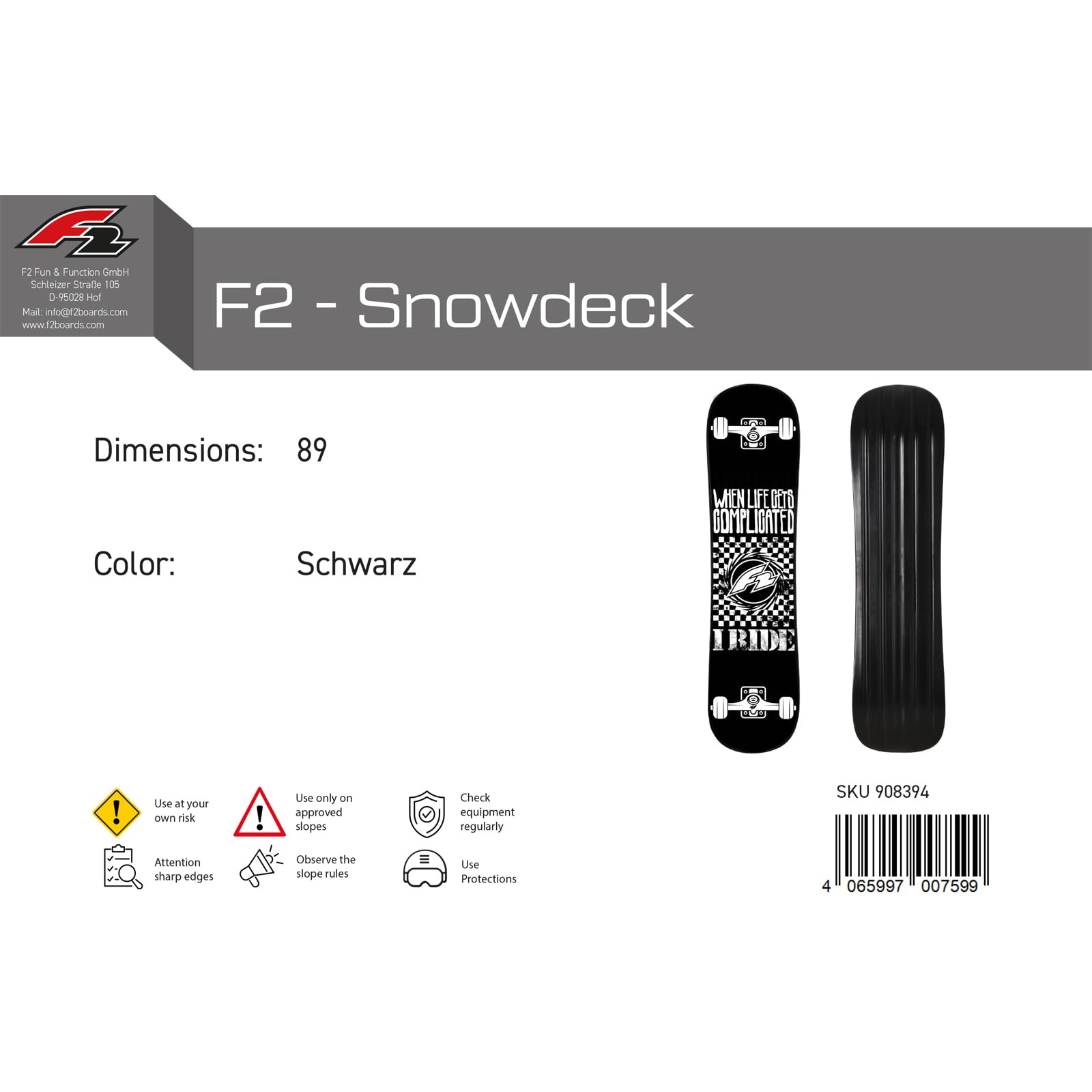 F2 Snowboard Snowdeck 89 cm – Schnee Skateboard für Tricks und Moves, Leichtes und Robustes Snow Skate für Einsteiger und Profis in Schwarz, 2024/25