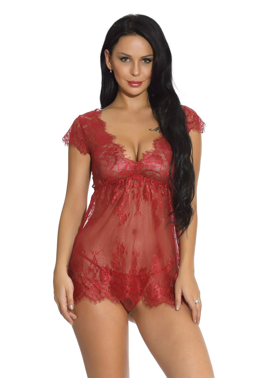 Conjunto de lencería de Encaje con Tanga, camisón Transparente con Escote en V Profundo, camisón de Luna de Miel para Novia (Rojo XL)