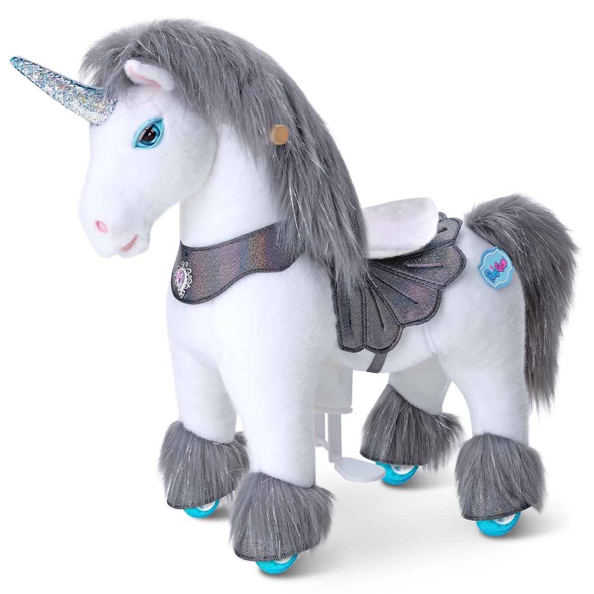 PonyCycle Advanced Model Y Kids Ride on Unicorn with Brake, Grey Unicorn Ride on Toy for Girls 3-4 years old, Plush Rideable Unicorn on Wheels with Sounds, for Children - Y356