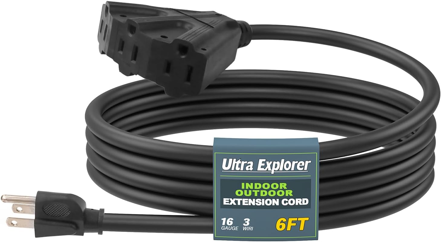 6 Ft Outdoor Extension Cord with 3 Electrical Power Outlets - 16/3 SJTW Long-Lasting Black Cable with 3 Prong Grounded Plug