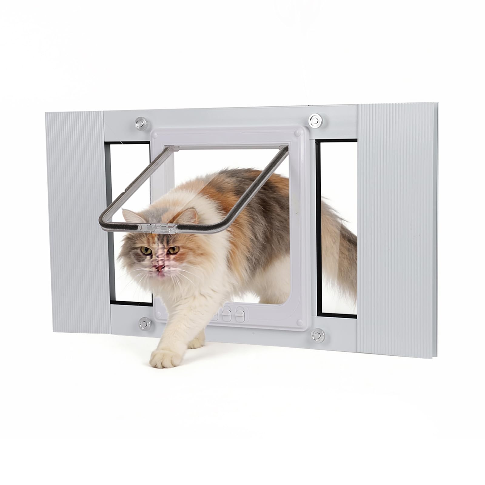 Full-Size Cat Door for Window Weatherproof,Fits 24"-28" Width Windows,Quick Install with No Damage,4 Locking Mechanisms,Magnetic Closure Cat Window Door,Aluminum Frame Pet Door for Window