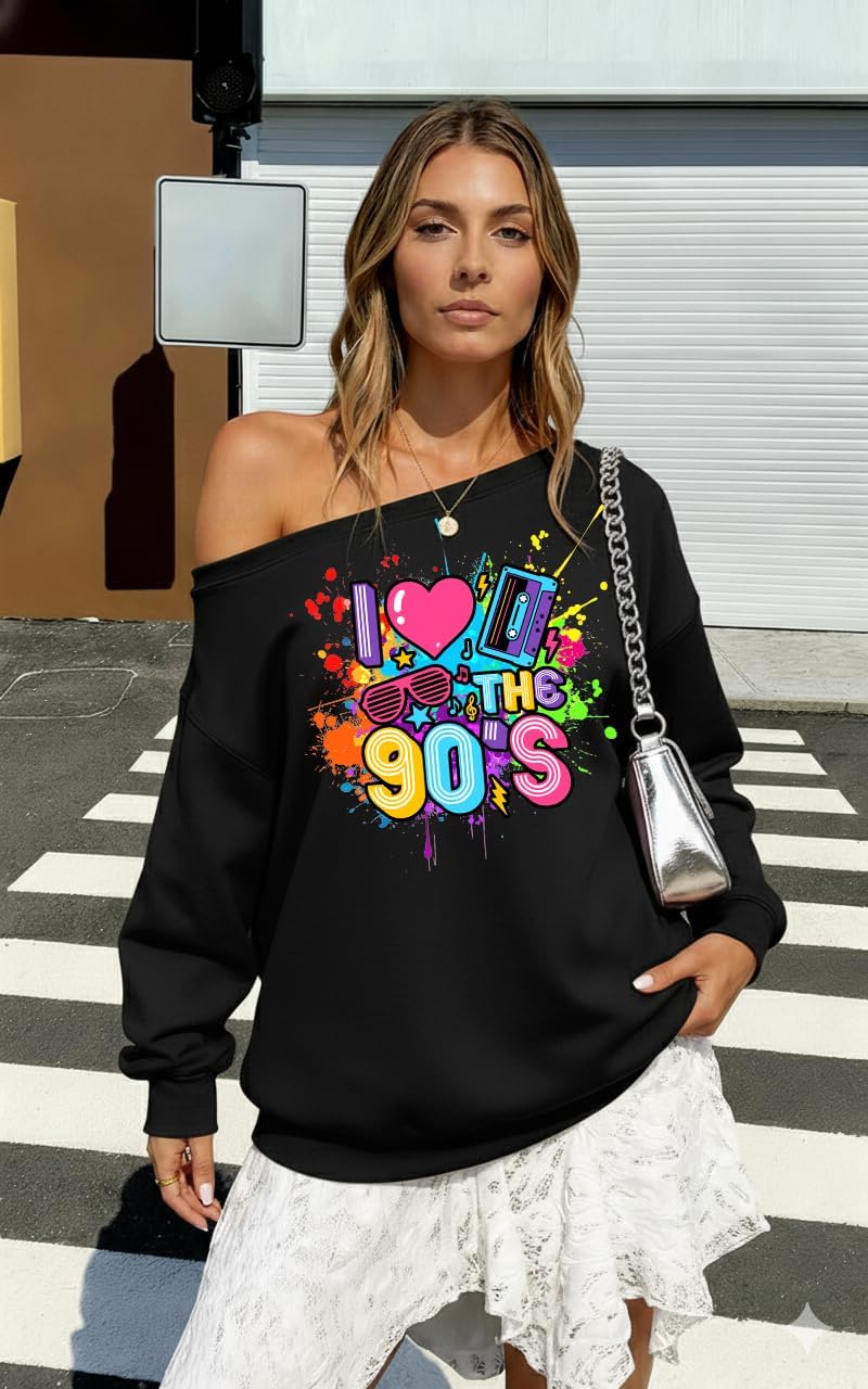 90s Outfit for Women Sexy Off The Shoulder Sweatshirt I Love The 90's Shirt Oversized Long Sleeve Pullover Top - Image 5