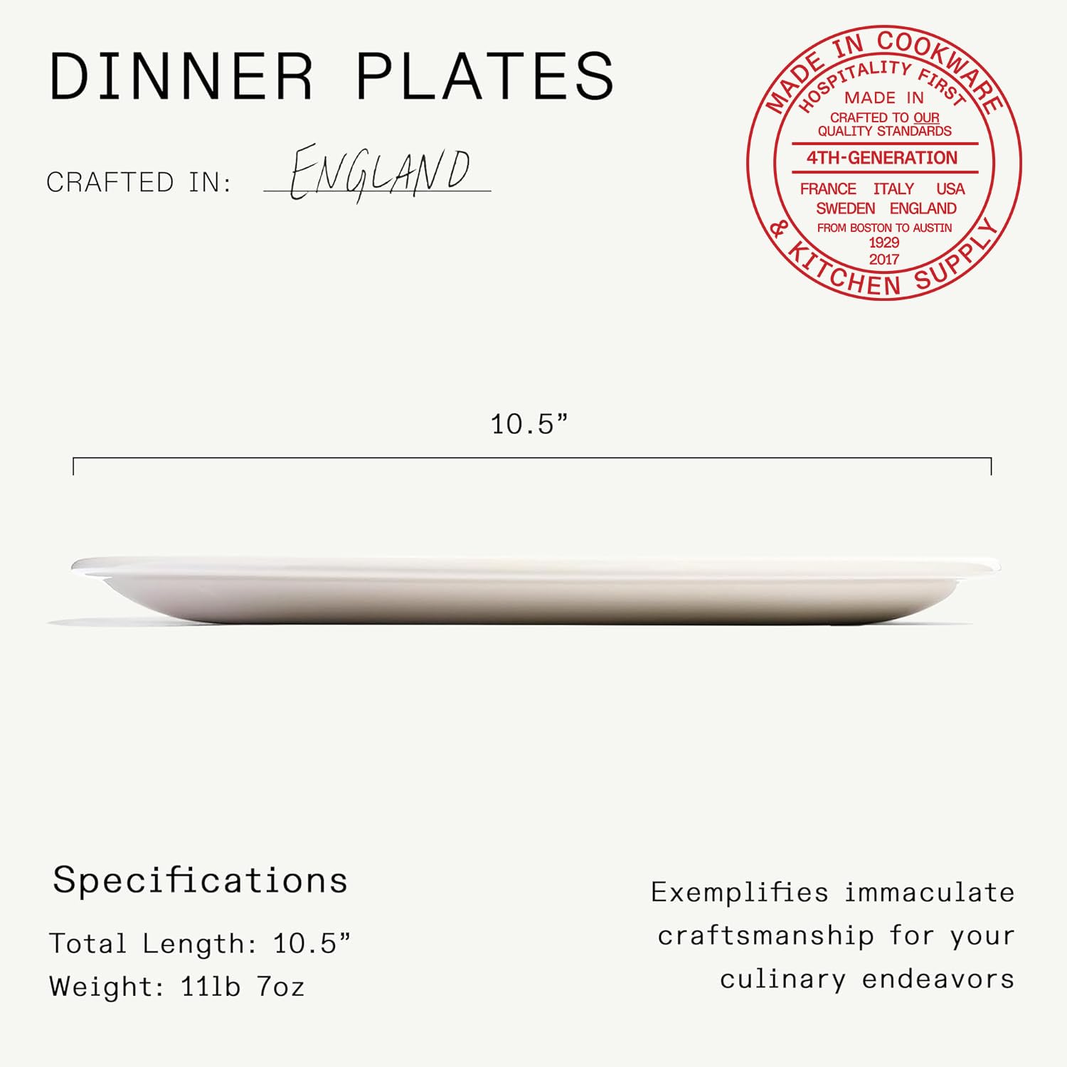 Made In Cookware - Platos llanos de 11 pulgadas, juego de 4, color blanco con borde azul marino, porcelana, fabricados en Inglaterra