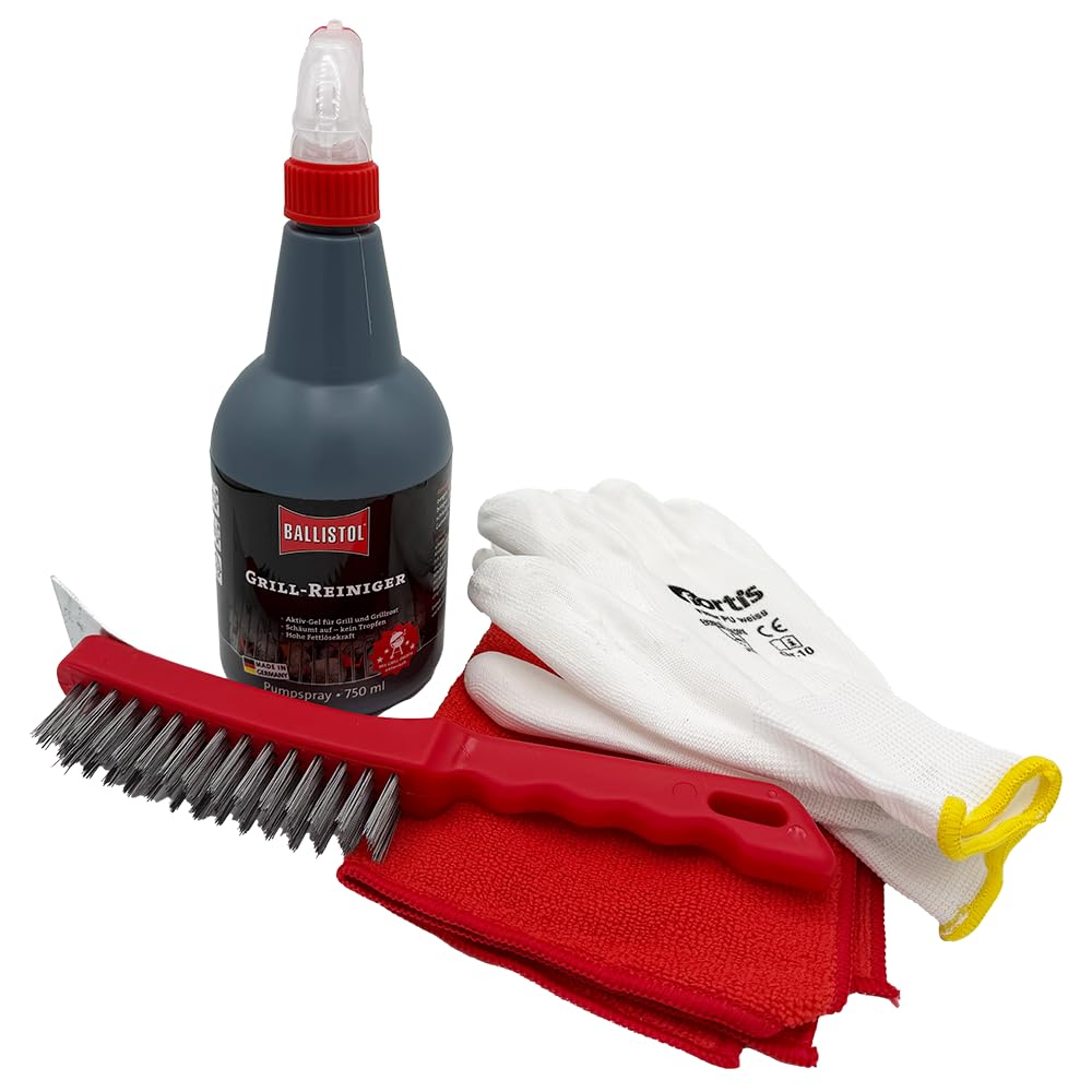 Grillreinigungsset 4-teilig mit Ballistol Grillreiniger, Grillbürste, weißen Handschuhen und Mikrofasertuch – Reinigungsset für Gasgrill und Holzkohlegrill