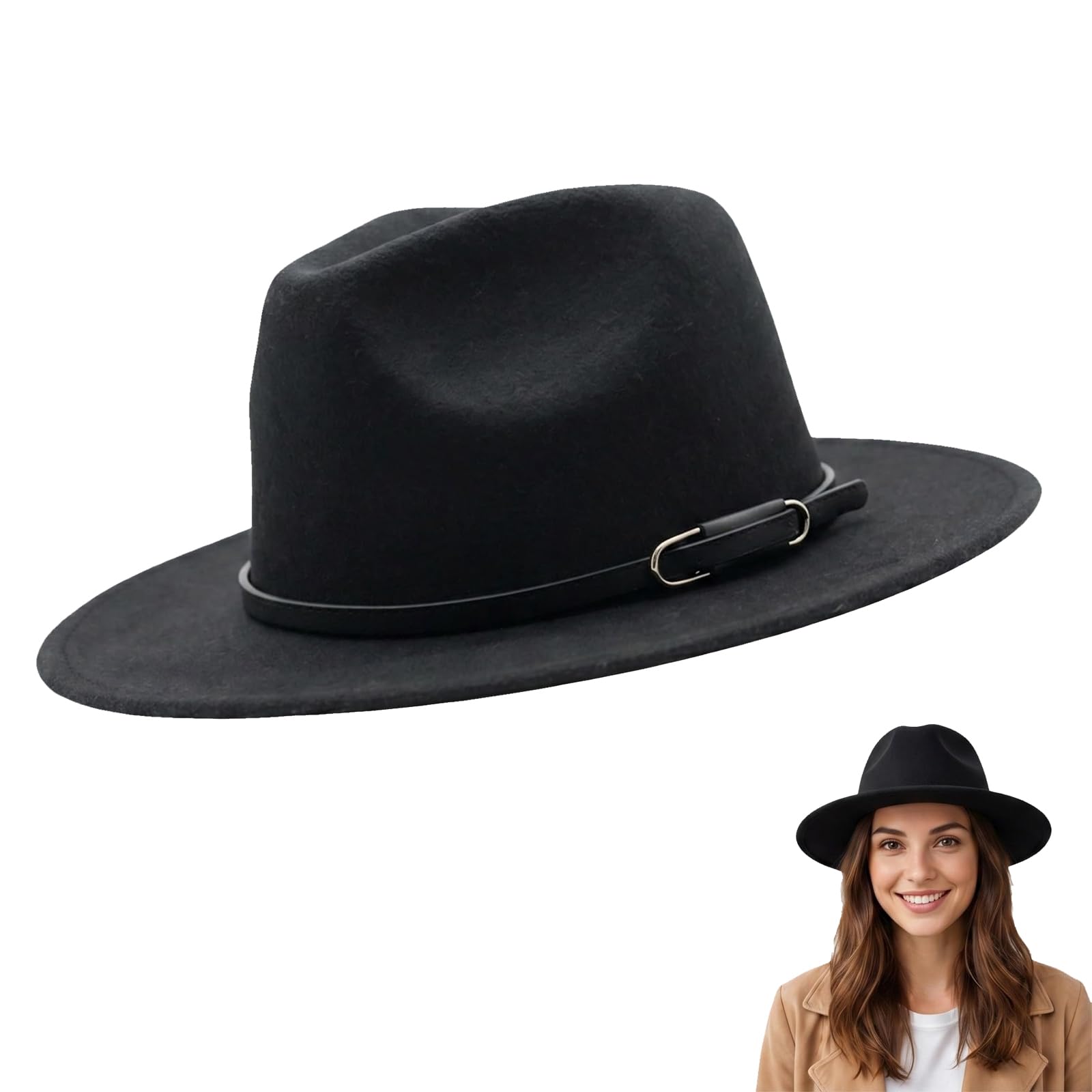 QUUPY Unisex Retro Hebilla de Cinturón Manhattan Fedora Sombrero Negro Fieltro Ancho ala Panamá Sombrero con Cordón Sombrero Barco para Viajar, Negro, M