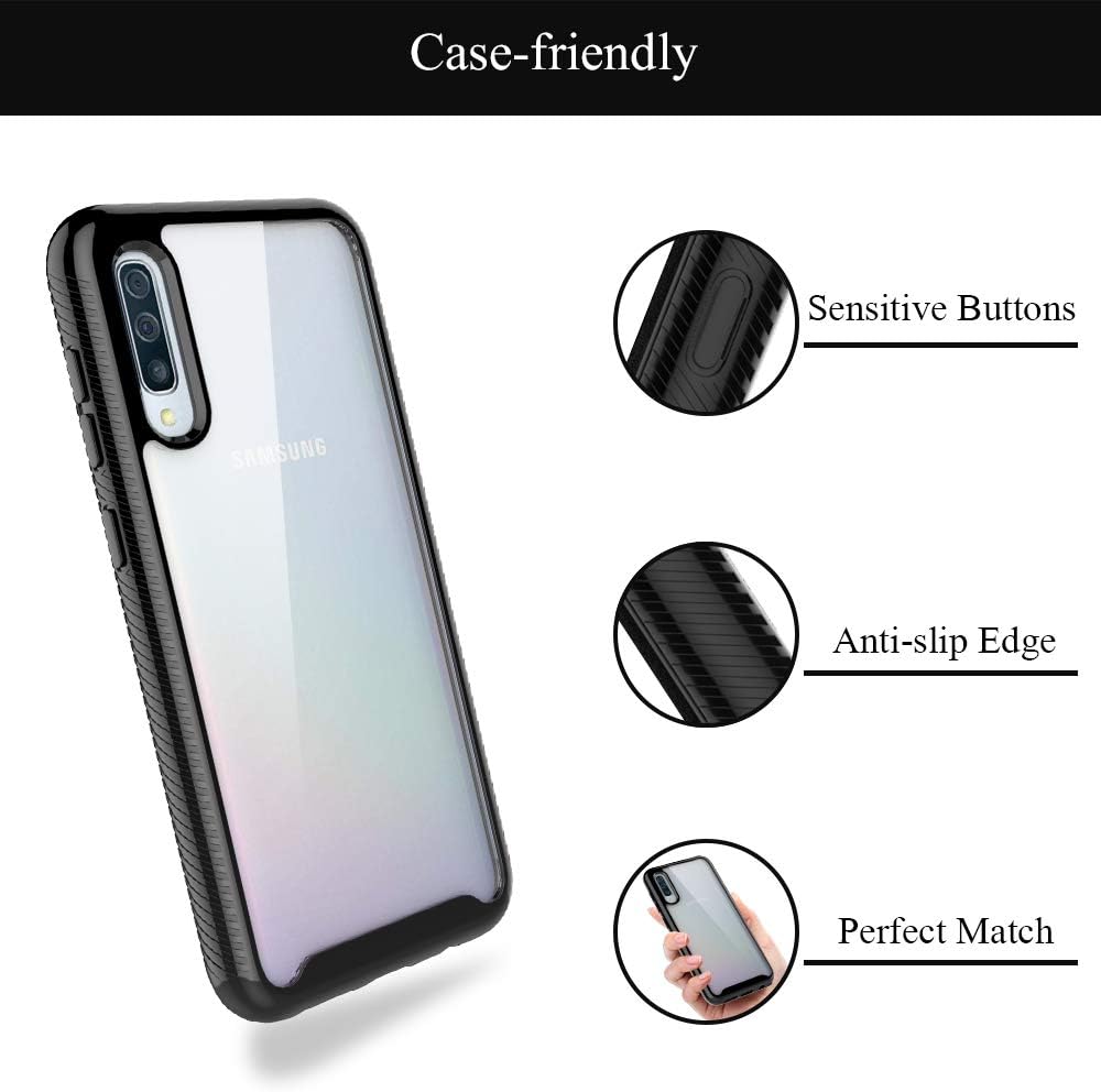HATOSHI Samsung Galaxy A50 Case with Built-in Screen Protector Heavy Duty Protection Crystal Clear Back Slim Fit Armor Shockproof Rubber Bumper Full Body Protective Phone Cover for Galaxy A50 -Black