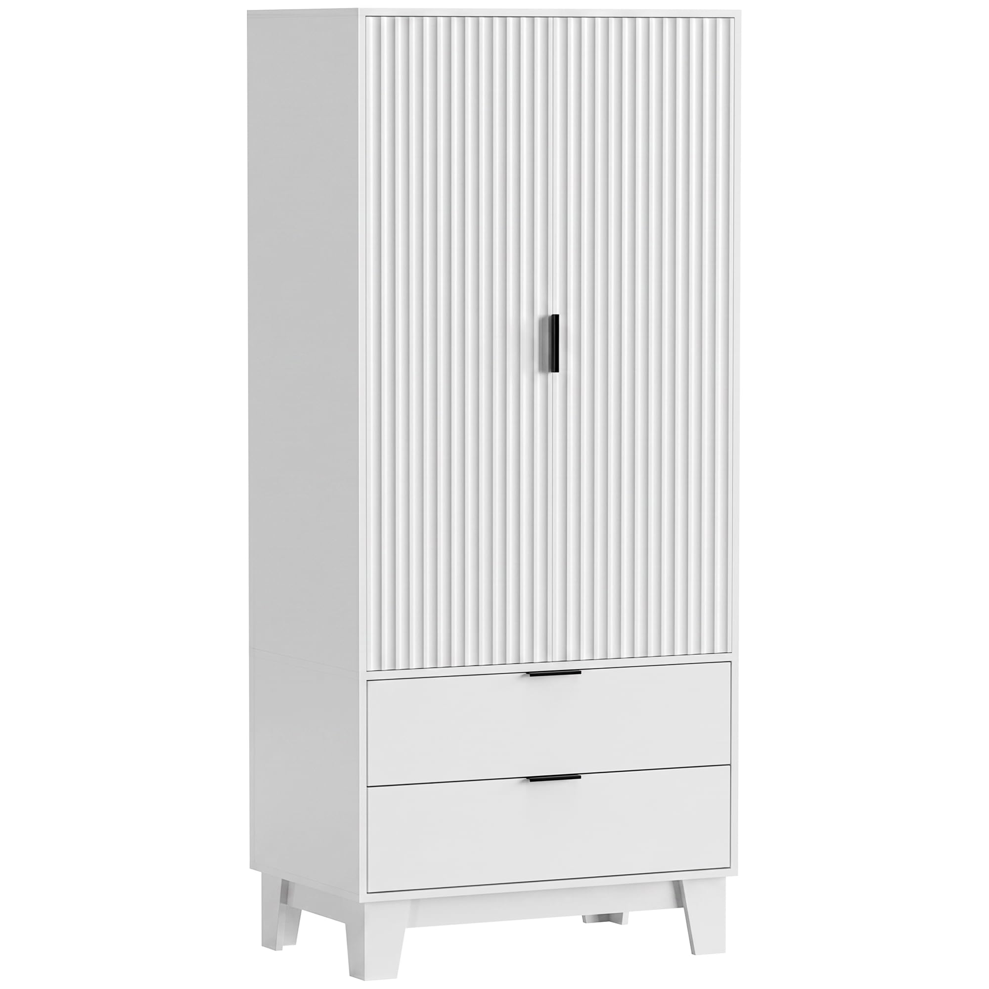 HOMCOM Armoire Chambre penderie avec 2 Portes cannelées à Fermeture Douce, 2 tiroirs et Barre de Suspension, Armoire à vêtements, Dressing, Style Moderne, 80 x 50 x 180 cm, Blanc
