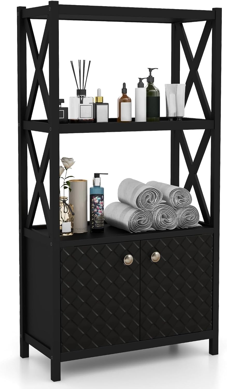 Giantex Storage Cabinet, Freestanding Storage Organizer with Open Shelves, Double Doors, Display Shelf, Bathroom Floor Cabinet for Living Room, Kitchen, Study Room, Entryway (Black)