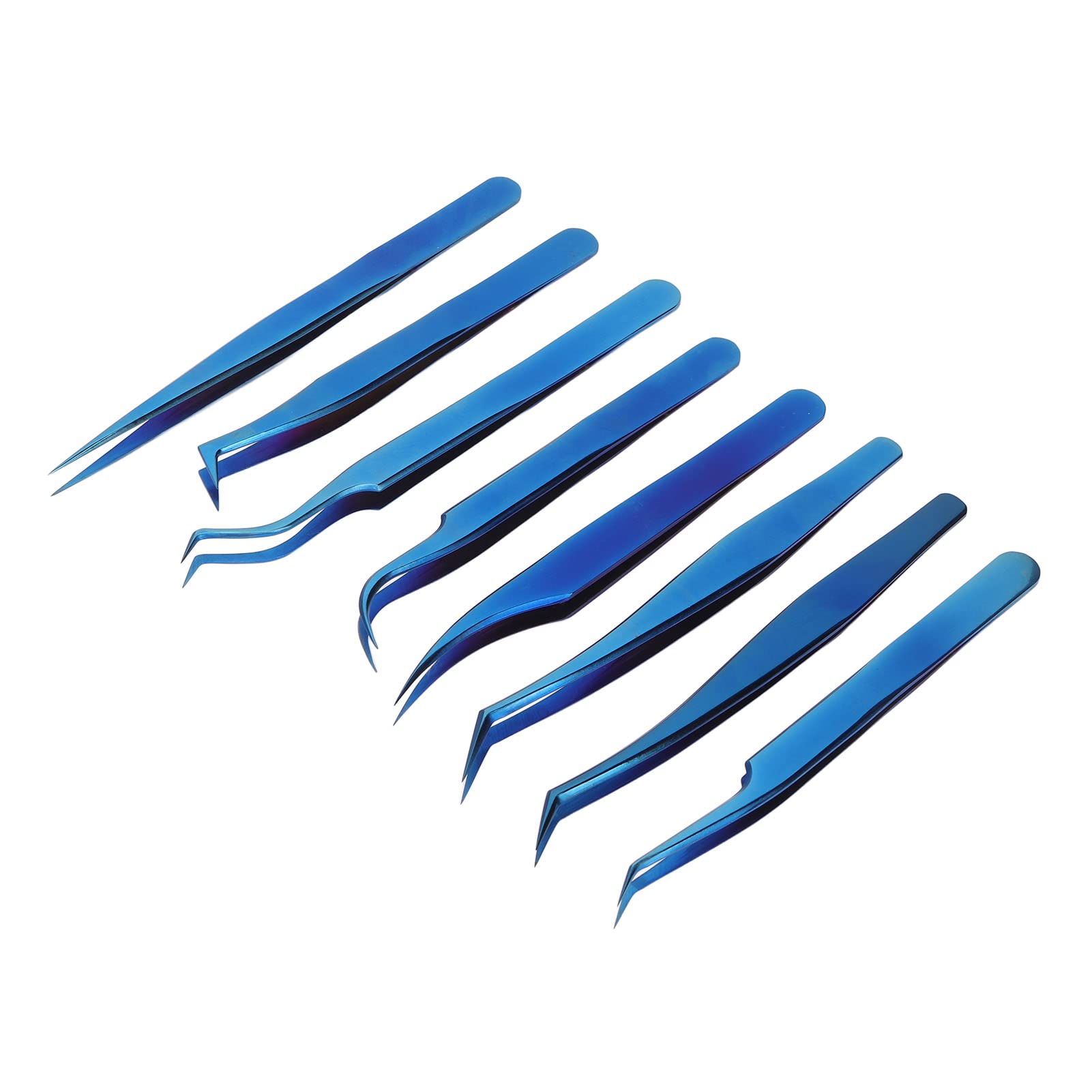 Juego de Pinzas para Pestañas, Ergonómicas, de Alta Dureza, Punta Fina para Artistas Profesionales de Pestañas, Acero Inoxidable, 8 Piezas, Titanio Azul para Practicantes de Extensión de