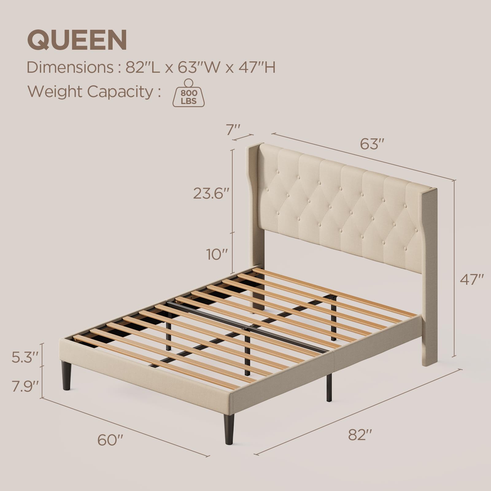 Diagram showing the dimensions of the Aiho Queen Size Bed Frame
