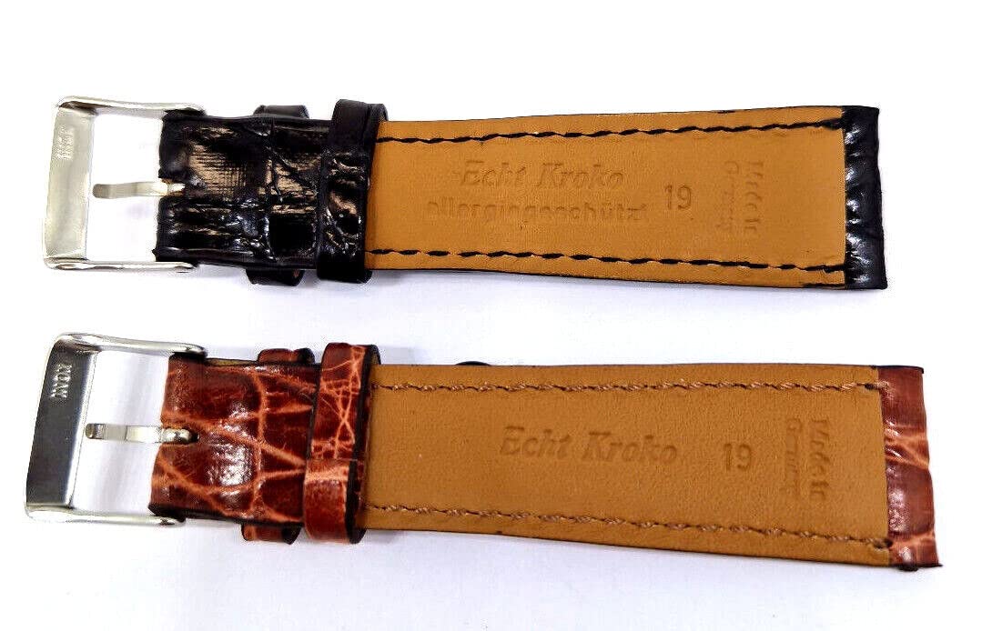 Fluco Bracelet de montre en véritable crocodile Alligator - 19 mm - Marron clair brillant - Fabricant allemand