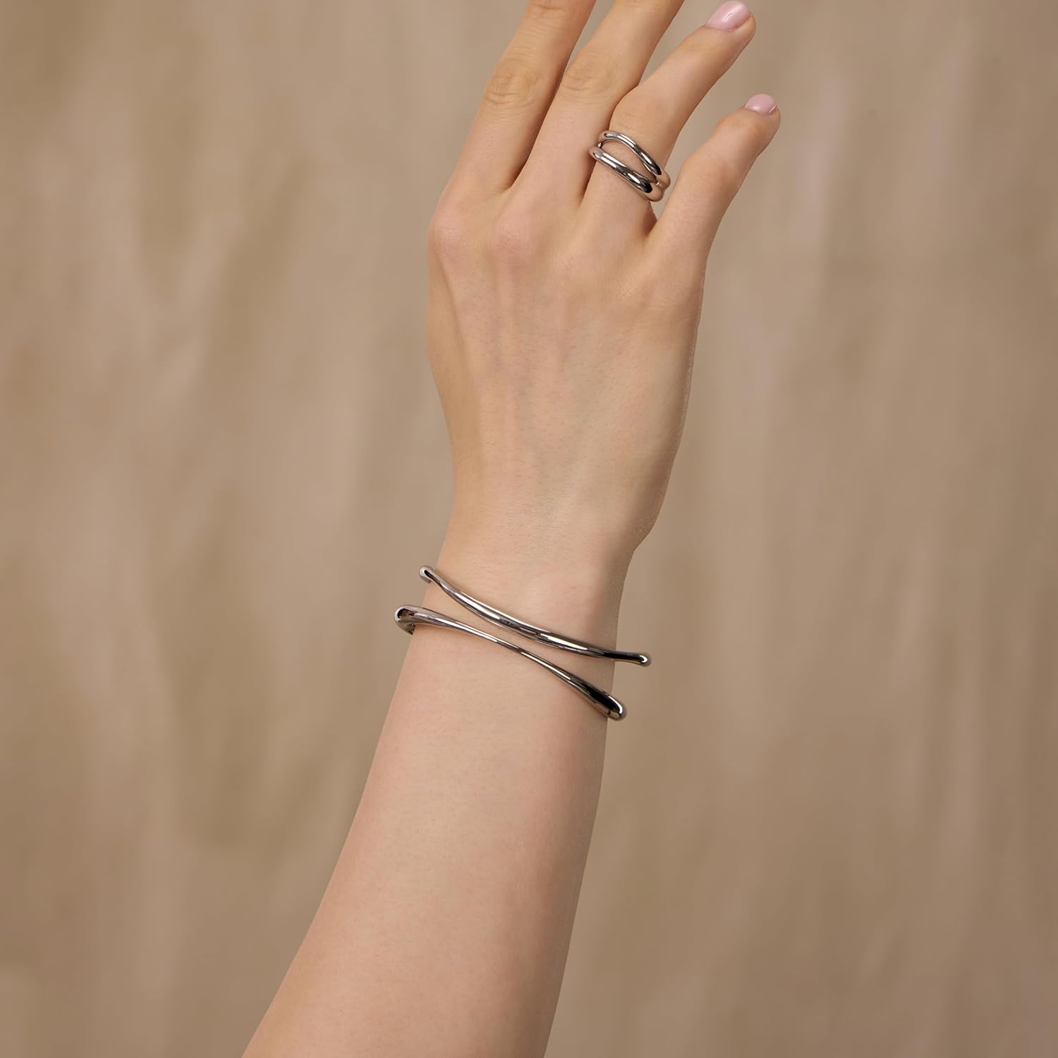 ARSIS Double-Layer Cuff Bracelet for Women, 18K Platinum Plated on Copper Cuff Bangle Adjustable Bracelet - Image 3