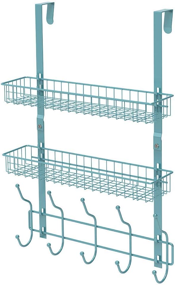 Over The Door Hook 5 Double-Row Hooks & 2 Baskets Metal Shelf Hanger Door Hook 2 Tier Storage Rack for Coats, Towels, Bags (Blue)