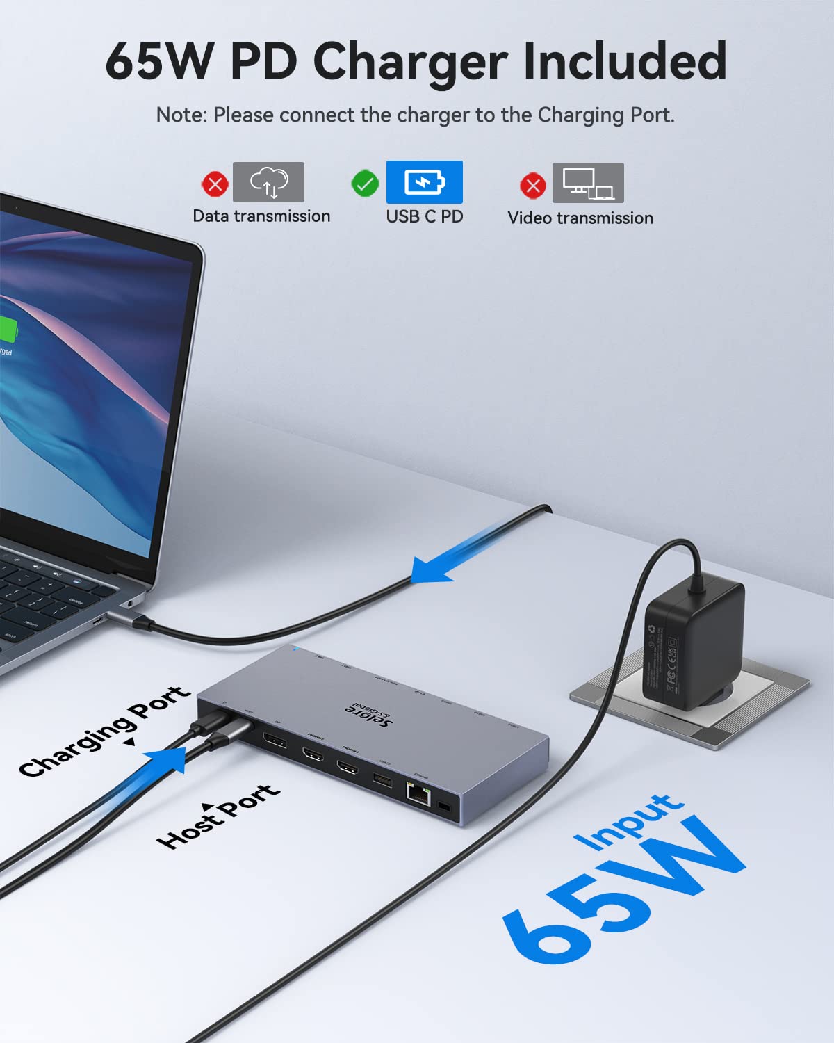 Docking Station With 65W USB C Hub - 3 Monitor With 4K Dual HDMI, 4K DisplayPort, 100W PD, Gigabit Ethernet, 10Gbps Data, 3.1/3.0/2.0 Ports, SD/TF, 3.5mm Audio/Mic