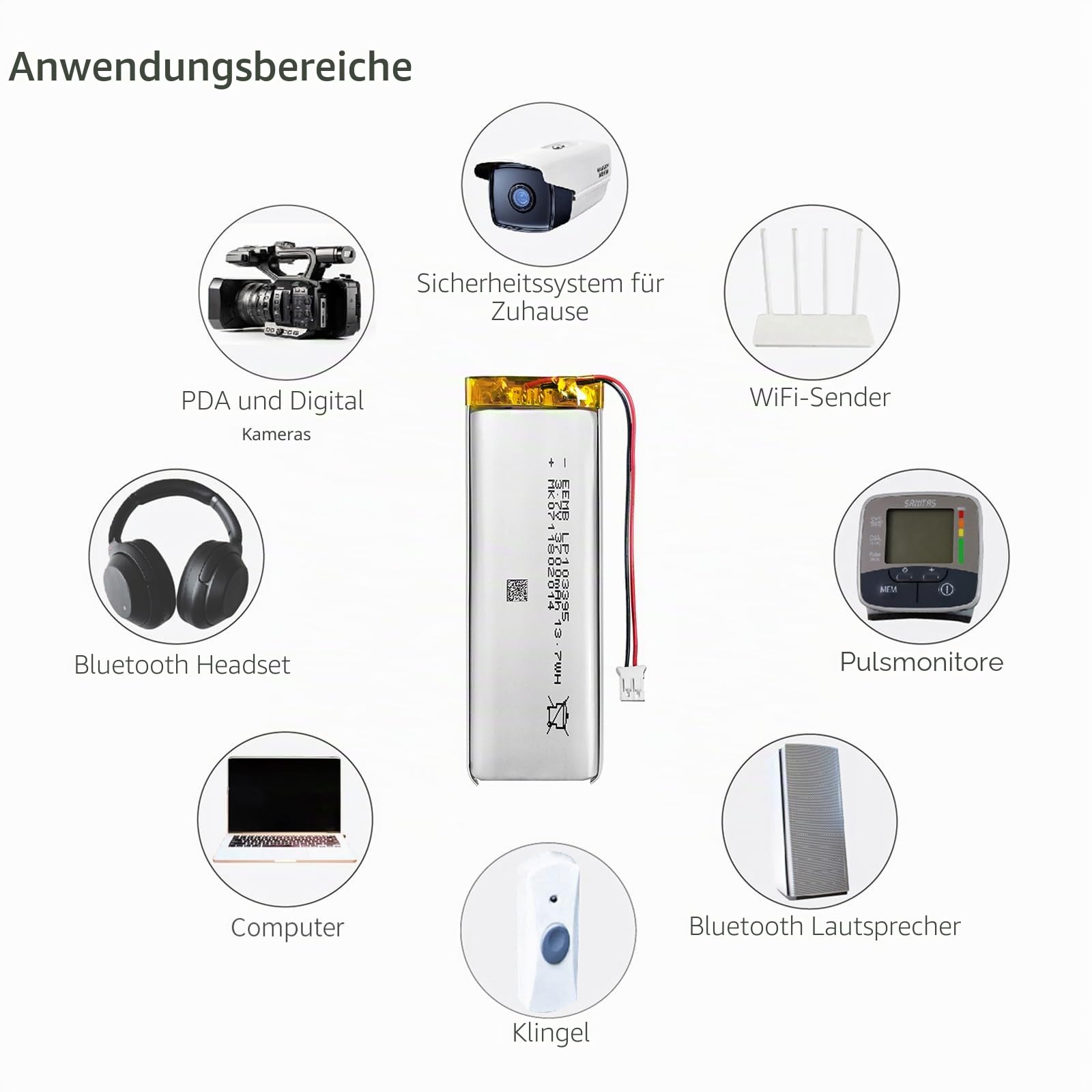 EEMB Lithium Polymer Akku 3,7 V 3700mAh 103395 Wiederaufladbarer Lipo-Akku mit JST 2.0-Anschluss für VXI Blue Parrott – bestätigen Sie die Polarität des Geräts und des Anschlusses vor dem Kauf(10)