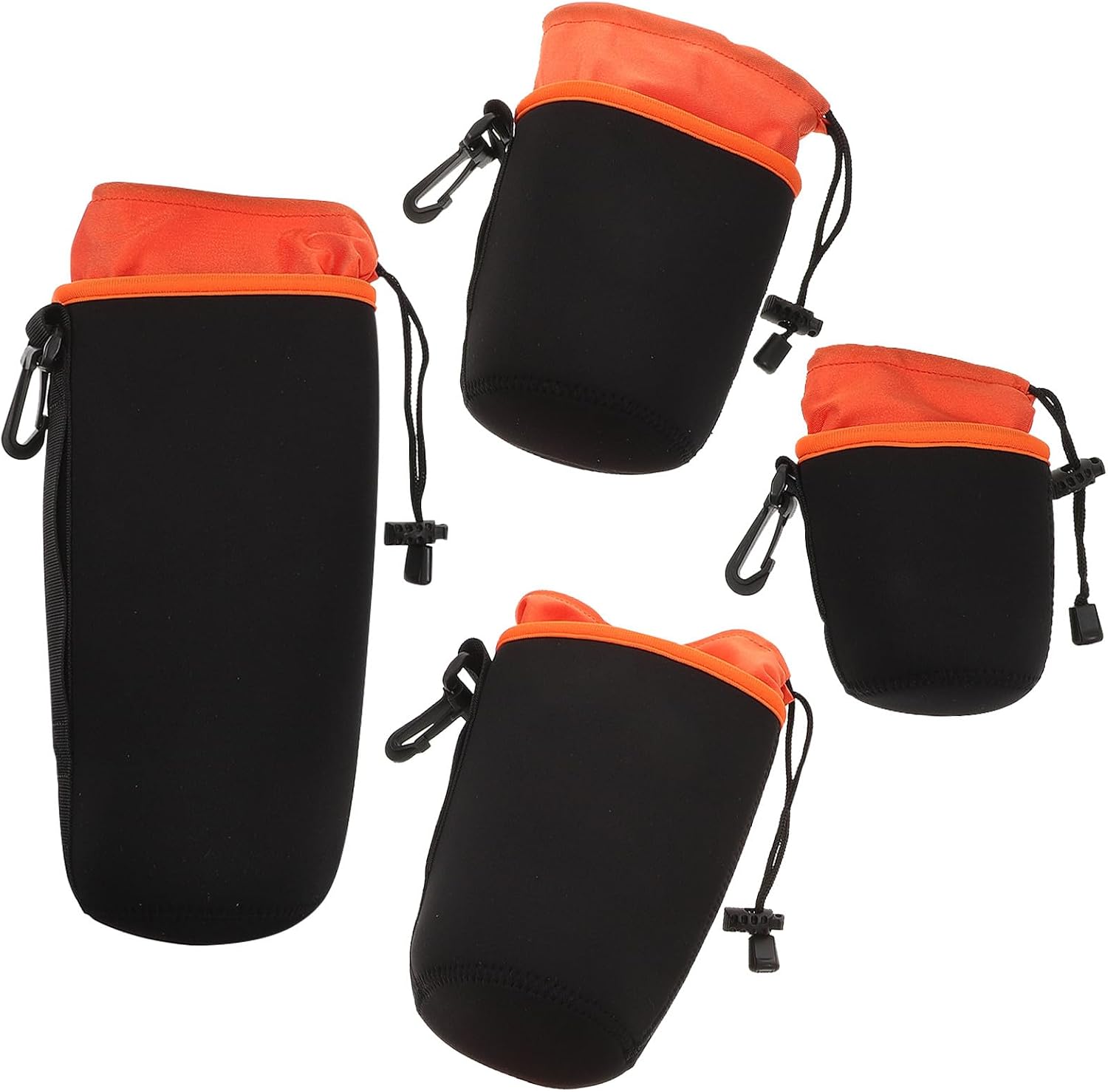 Waterproof Drawstring Camera Lens Bags Set with Thickened Neoprene and Fleece Lining, Four Sizes S/m/l/xl for Outdoor Photography, Protective Lens Storage Pouches in Orange