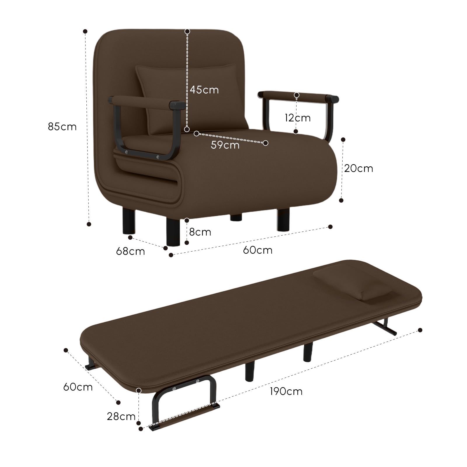 Fabulcozy Poltrona Letto 4 in 1 – Poltrona Letto Singolo Pieghevole con Cuscino, Poltrone Sofa Divano Schienale Reclinabile, Poltrone Sofa Pouf 60L x 68P x 85A cm(Marrone)