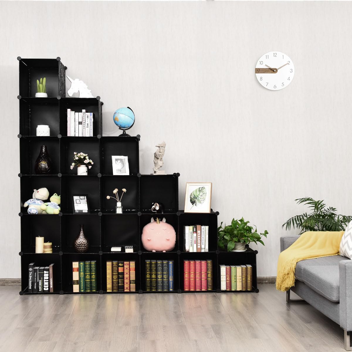 GOPLUS Armoire Penderie Portable, Étagère de Rangement Modulable en Plastique, Bricolées & Empilables avec Portes, Crochets, Dispositif Anti-Renversement pour Chambre (20 Cubes)