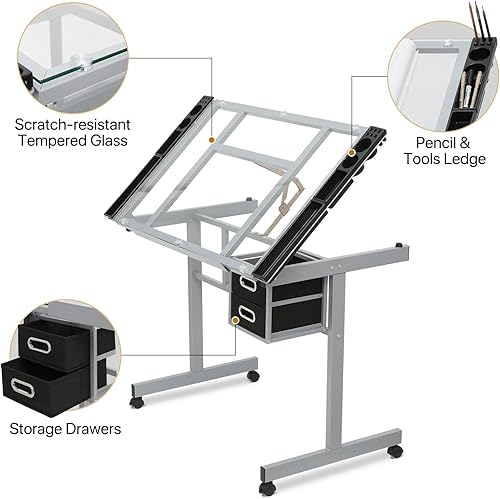 Miniatura 5 de Magshion Mesa de dibujo ajustable con tapa de vidrio inclinable de 65 - Escritorio de arte portátil con 2 cajones de almacenamiento, 4 bandejas de