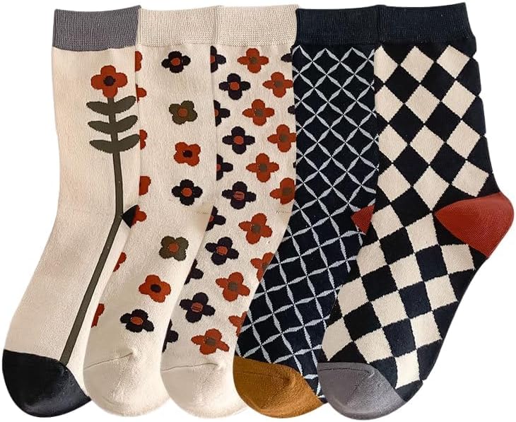 5/10 Pairs Cute Floral Socks, Cottagecore Crew socks, Smiley Face Colorful Socks for Women Girls - Image 4